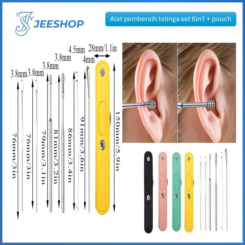 (GROSIRAN) Alat Pembersih Telinga 6 in 1 + Pouch Korek Kuping Pembersih Telinga Ear Wax Stainless