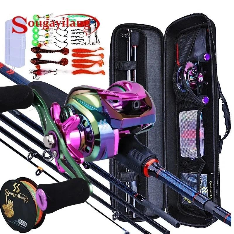 Sougayilang Fishing Rods and Reels 5 Section Carbon Rod Baitcasting Reel Travel Fishing Rod Set with