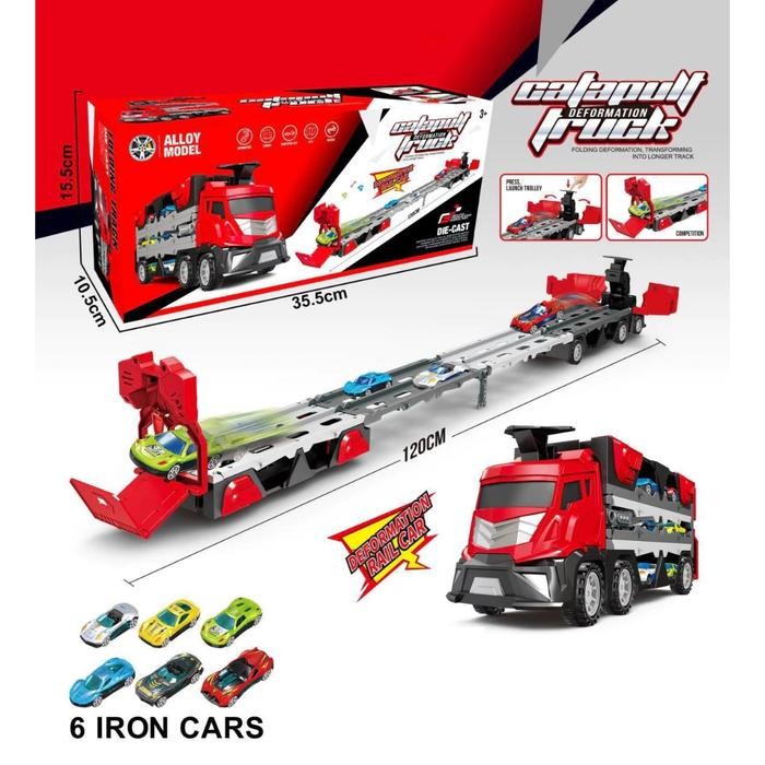 Truk Mainan Anak Lipat Pelontar Mobil Alloy Diecast + Garasi Portable & Deformasi Model Kids Toys Ka