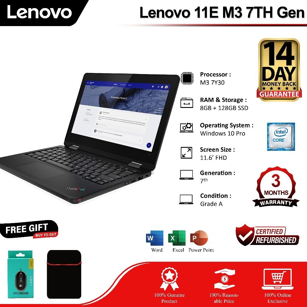 Lenovo ThinkPad 11e Laptop 11" Intel Core m3 7th Gen 8GB RAM 128GB SSD Touch Screen 180 Flip