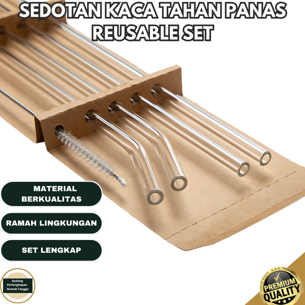 Sedotan Kaca Bening Tahan Panas Reusable Sedotan Kaca 1 Set Kecil Lengkung Boba Borosilicate dengan 