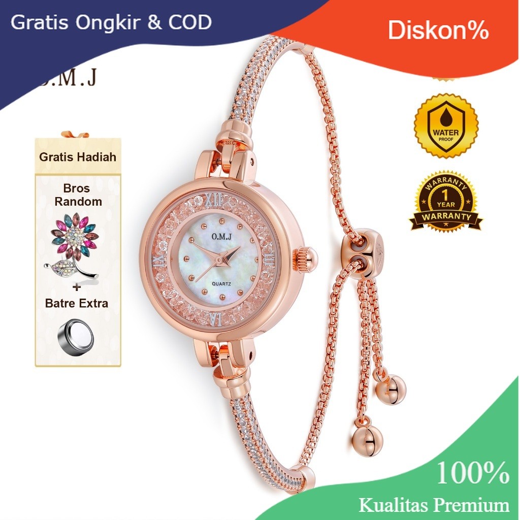 Diskon Besar OMJ G037 Jam Tangan Serut Wanita Berlian Rose Gold Gelang Strap Dapat Disesuaikan Sendi