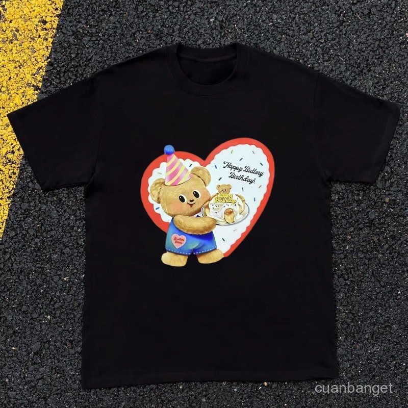 Kaos bermotif hitam putih untuk pria dan wanita Selamat Ulang Tahun Beruang 100% katun  Kaos Oversiz