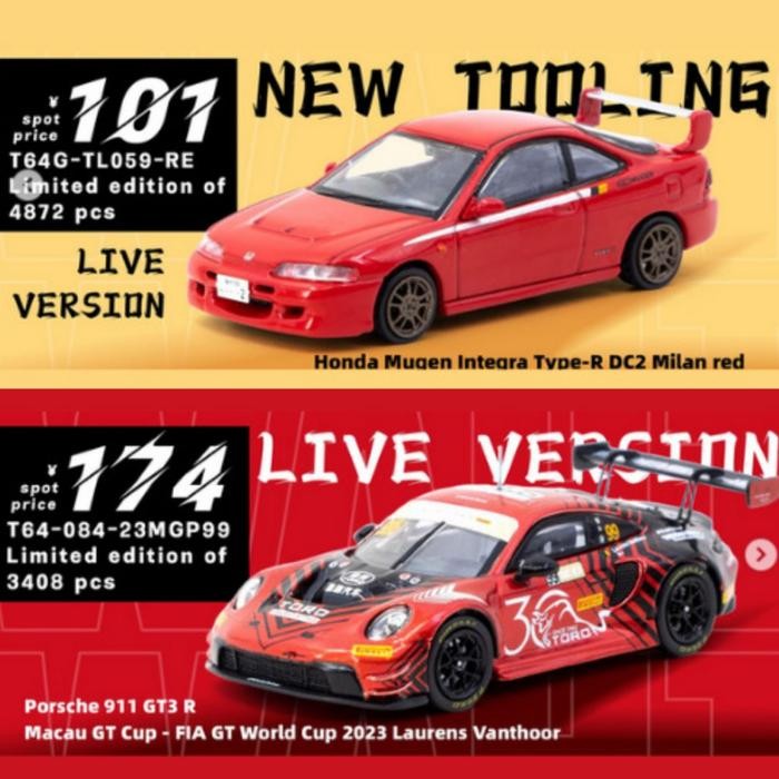 Tarmac Works 1/64 Hobby Expo China 2025 Honda Mugen Integra Type-R & Porsche 911 GT3 R Macau GT ANS9