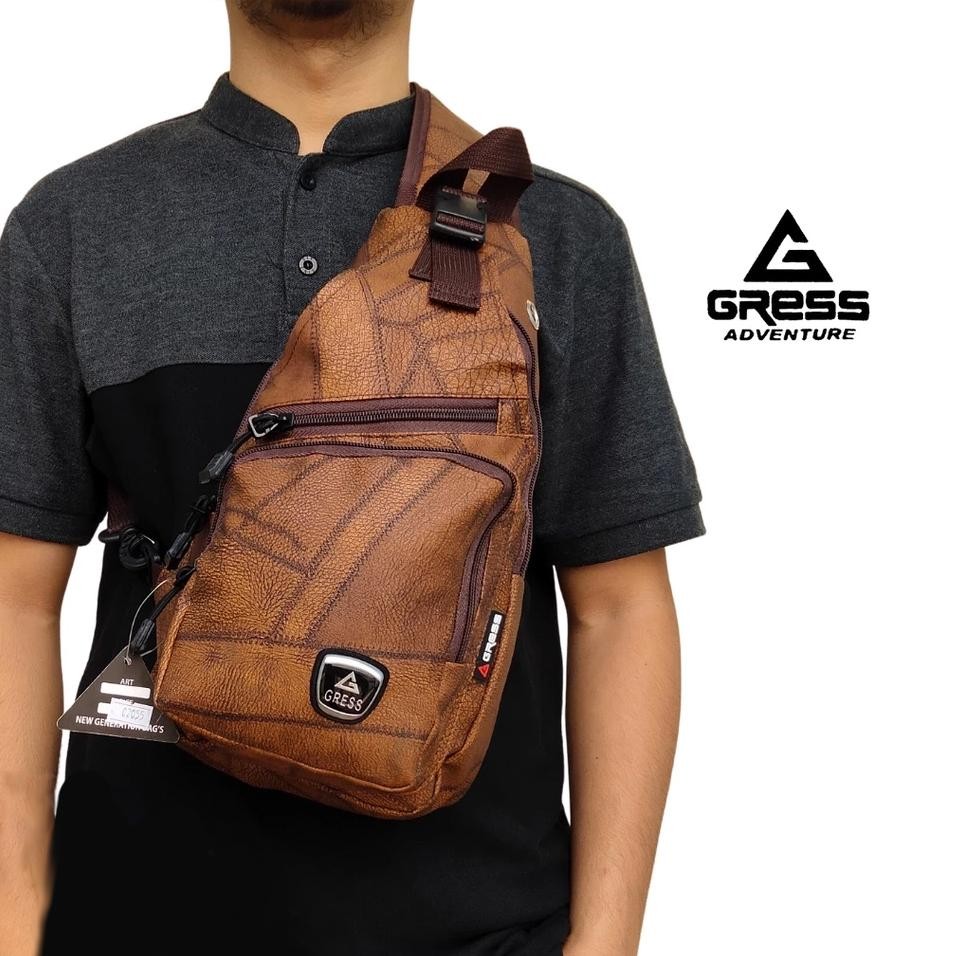 Tas Selempang Pria Sling Bag Cowok Semi Kulit PU Leather Tebal Gress Handmade Original