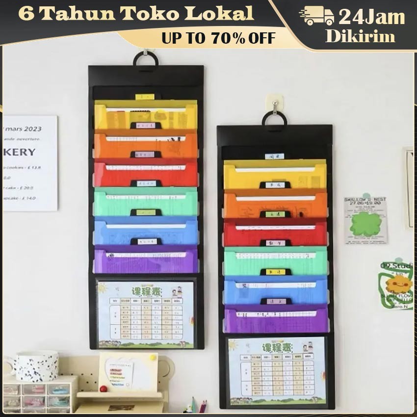 Hanging Folder Bag A4 6 Kantong / Rak Dokumen Dinding / File Organizer Kantor Sekolah Warna-Warni