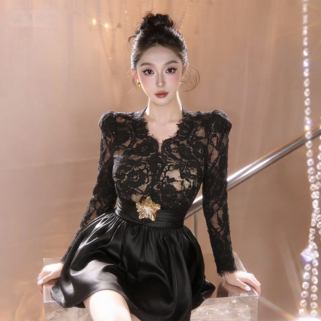 ZYHT202607Gaun Sambungan Renda Vneck Tidak Beraturan Rok Tutu Aline Hitam 21929