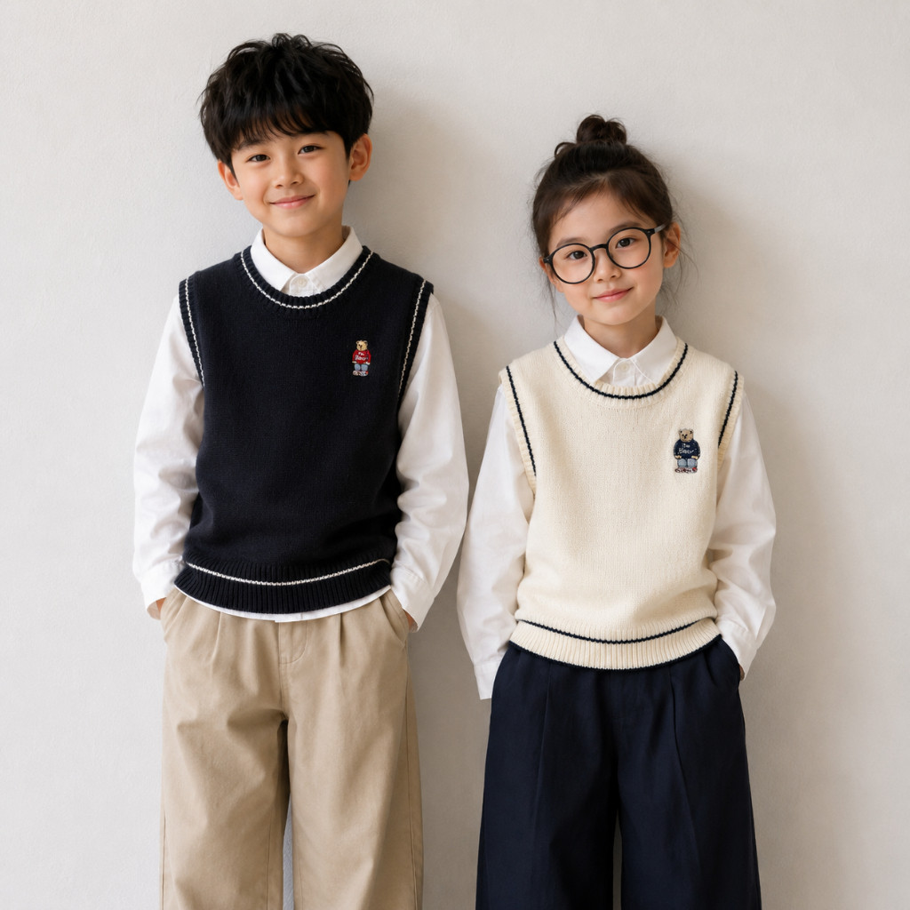 Rompi Rajut Knit Vest Anak CSW2143 Bear Bordir Korean Style Anak Laki Perempuan Premium