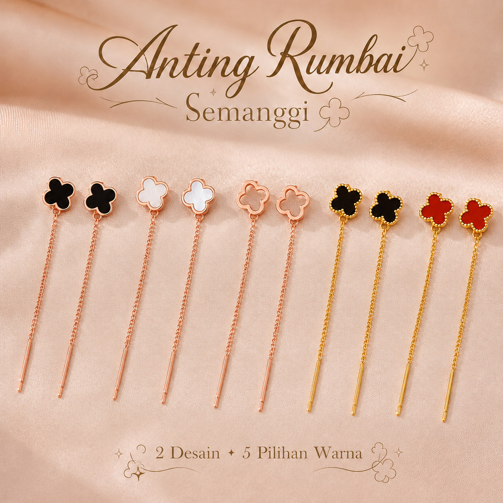 Anting Clover Rumbai Panjang Hitam Putih Merah Titanium Lapis Emas Korea Elegan Mewah