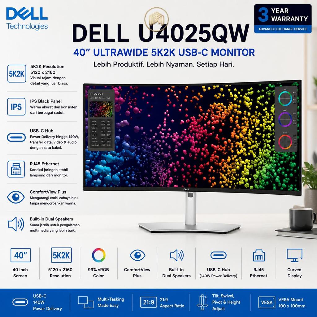 Monitor LED Dell Ultrasharp U4025QW 40" IPS Black Curved 2500R 5K2K 5120x2160 120Hz - DELL UltraShar
