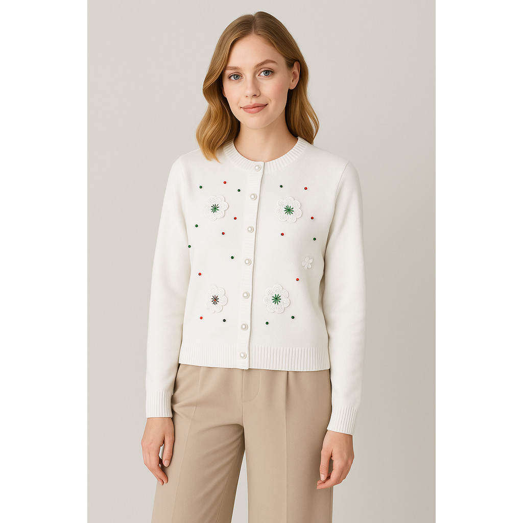 Kalila - Cardigan Rajut Wanita Putih Motif Bunga Premium | Lizzie Outer Rajut Korea Lengan Panjang