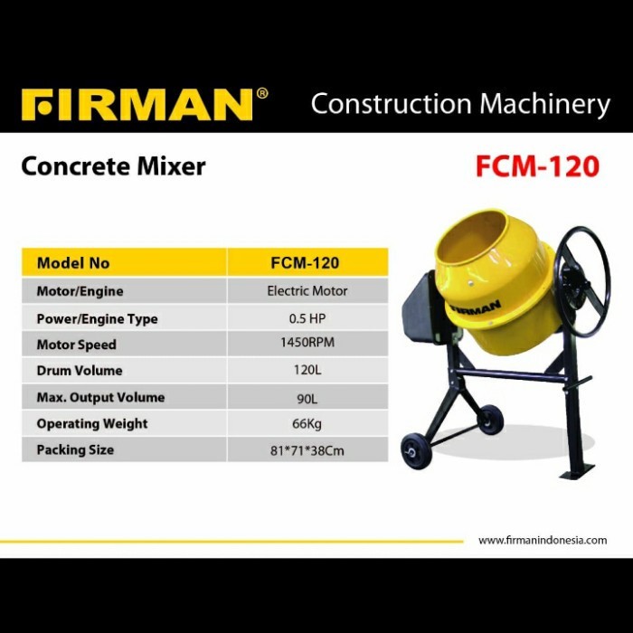 

Mesin Molen Mini Listrik FIRMAN FCM120 / Pengaduk Semen 120L Firman / Concrete Mixer Dinamo FIRMAN FCM120