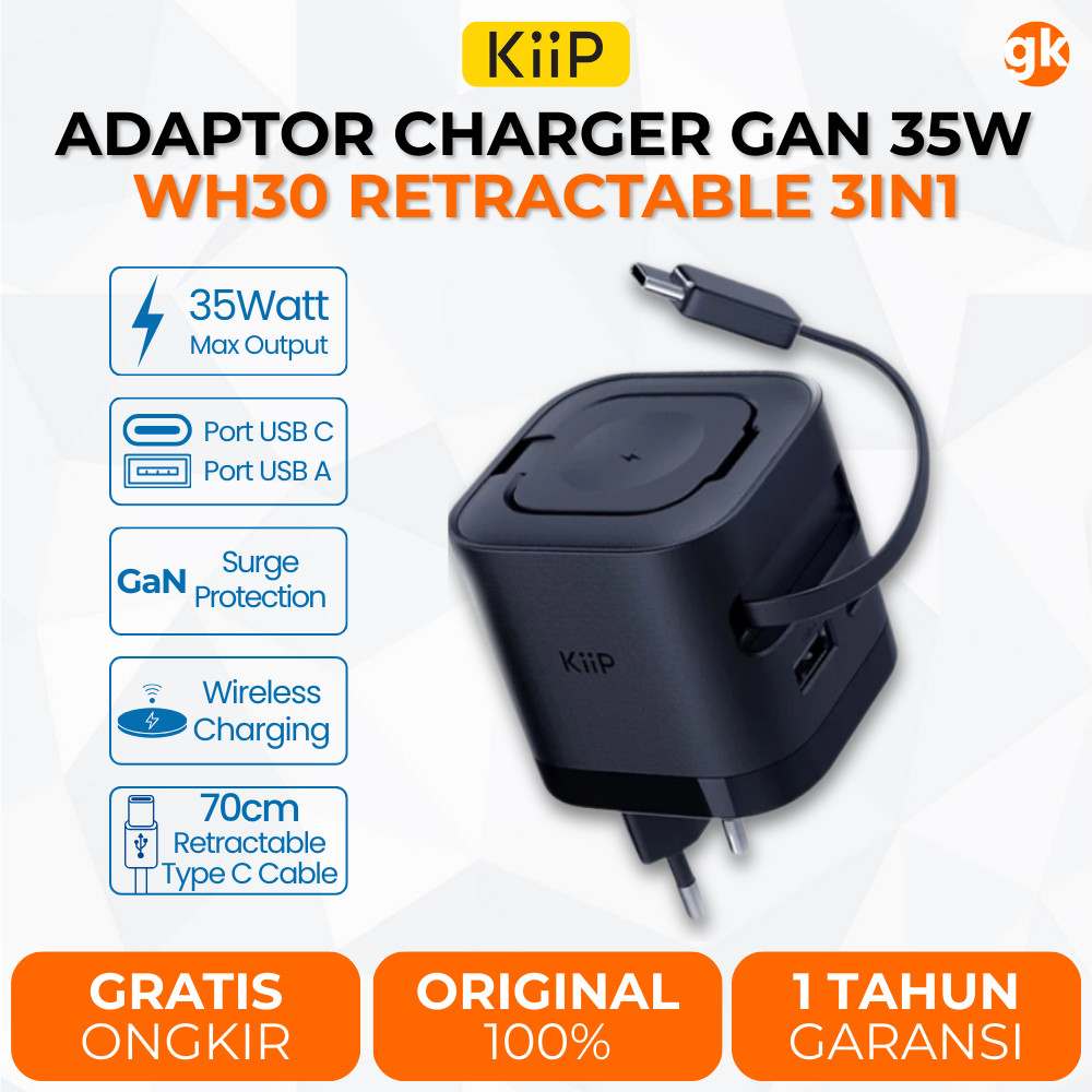 KiiP WH30 3in1 Adaptor Fast Charger GaN 35W Retractable Cable Built in Magnetic Wireless Apple Watch