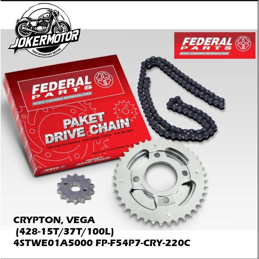 GEAR GIR SET PAKET GIGI TARIK KOMPLIT DEPAN BELAKANG RANTAI YAMAHA CRYPTON, VEGA (428-15T/37T/100L)-