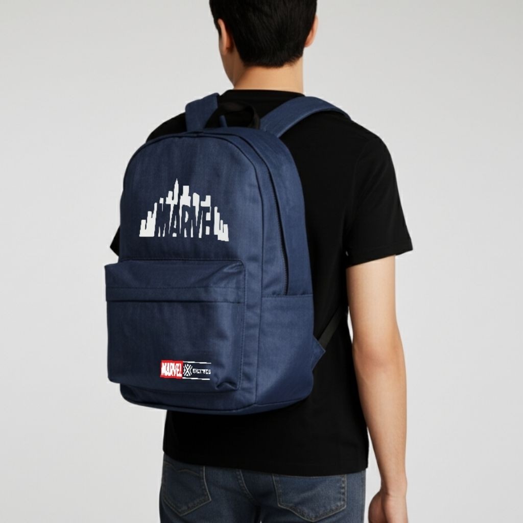 Tas Ransel Pria Denim Jeans Motif sablon Exciteds Marvel Avenger Backpack Denim Blue Jeans