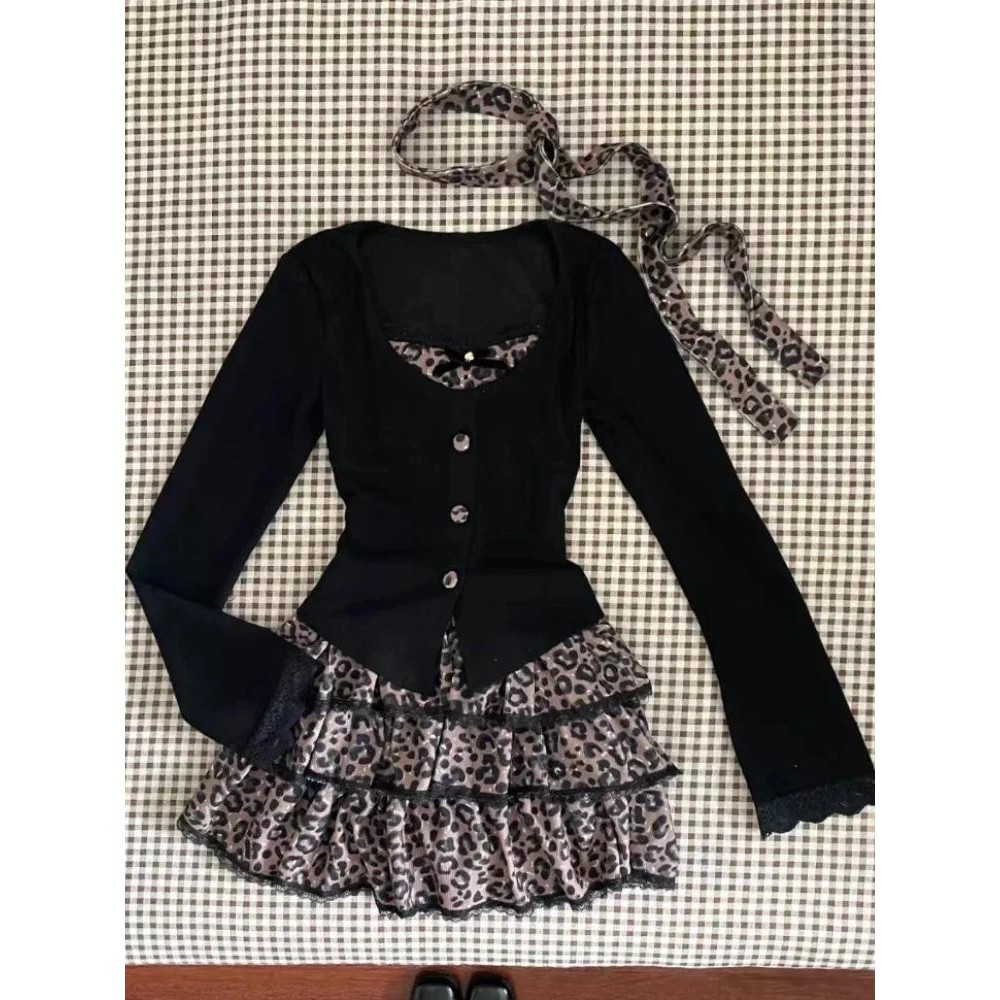 Leopard Vintage Suits Women Design Elegant Y2k Thin Sweater Pullover + Mini Skirts Casual 2000s Clot