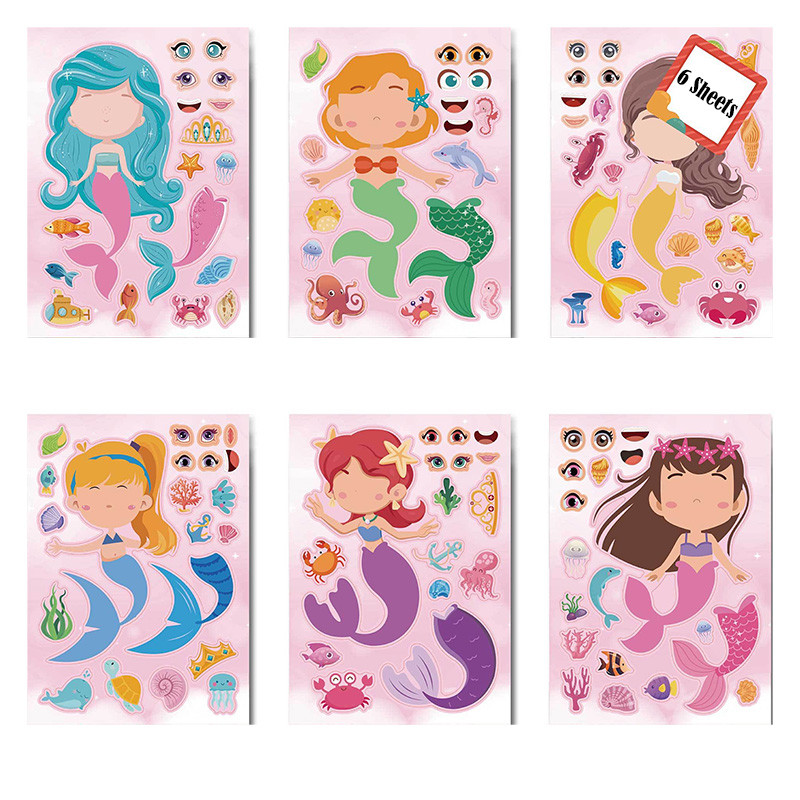

6 Sheets/Set Children DIY Puzzle Sticker Funny Make A Face Handmade Assemble Cute Mermaid Stickers Boys Girls Gift Party Favor