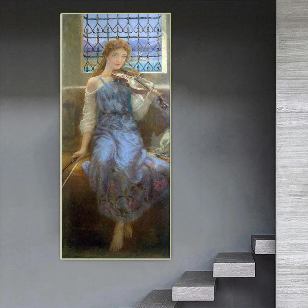 

Arthur Hughes " Girl with violin " Canvas Art Oil Painting Aesthetics Decor Artwork Backdrop Picture Home Living Room Decoration