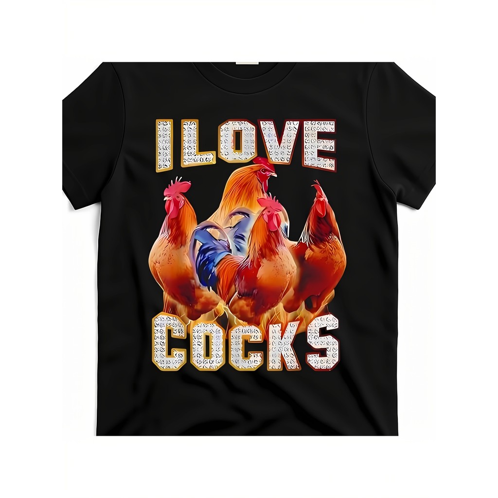 Kaos Retro Print Pria 100% Katun, Desain 'Aku Mencintai Ayam Jantan' dengan Gambar Ayam yang Keren, 