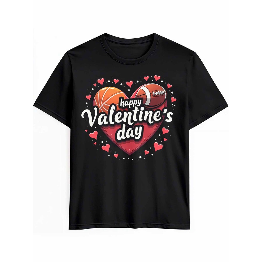 Kaos Pria Valentine Hati Sepak Bola Cotton Lengan Pendek Hitam Merah Pink