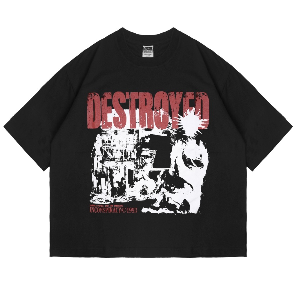 Cetak Grafis Kaos Moxie Boxy Destroyed Unisex Combed 24s - Hitam Atasan