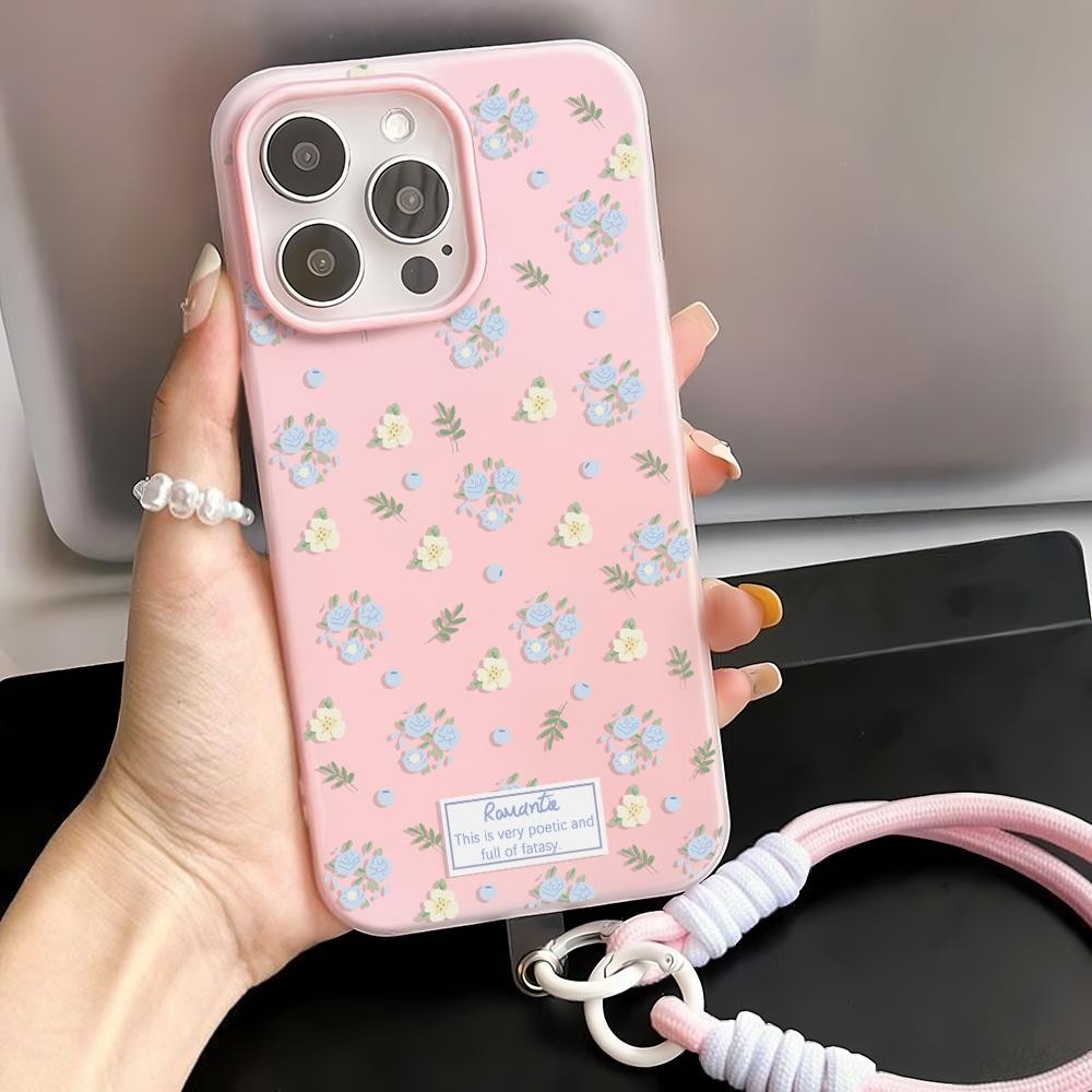 2in1 TPU Lanyard Case Untuk iPhone 11 13 15 16 14 12 Pro Max Casing Ponsel Blue bunga-bunga Penutup 