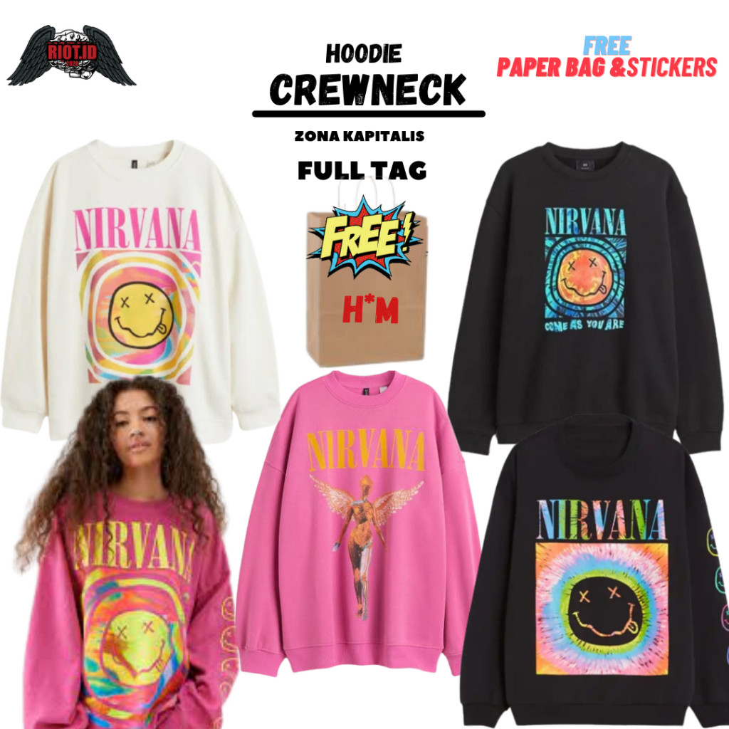 SAXCSHOP (3.3) Crewneck Sweater HM Nirvana Smile Pink FREE Paper Bag Full Tag Jaket Hoodie Perempuan