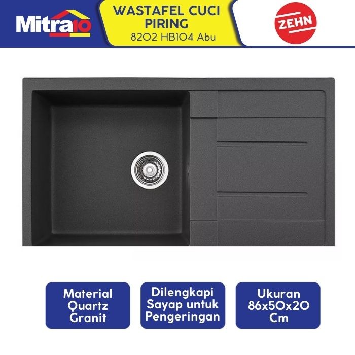 Wastafel Granite Zehn+ 1 Kolom Abu 86x50x20cm 8202 HB104 - Granite Sink Gray