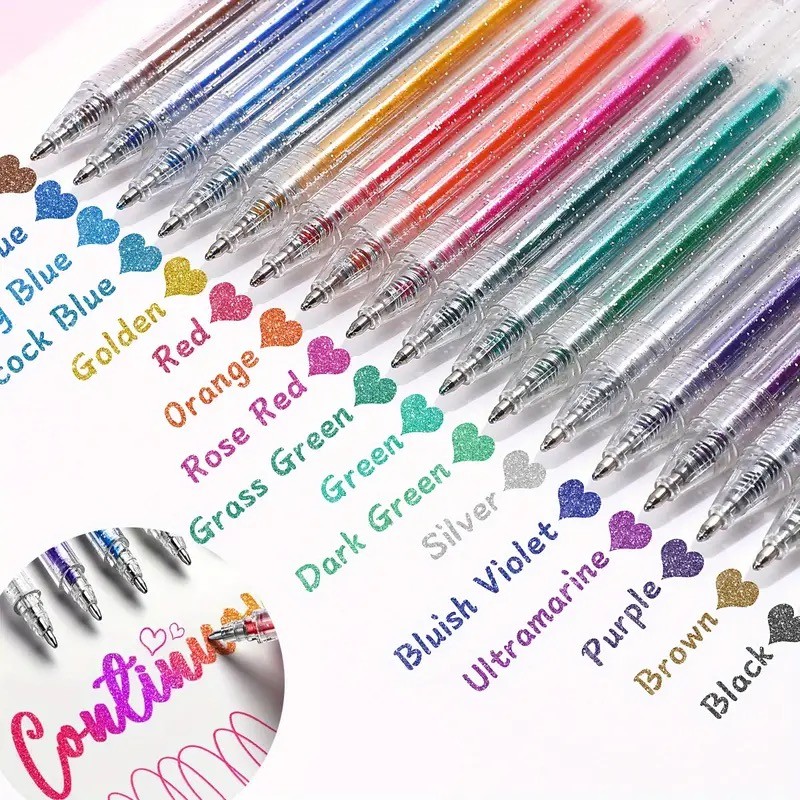 

60PCS Glitter Gel Pens Set, Water-Resistant Plastic Rollerball Pens - Ideal for Cardstock, Journals, Drawing, Marking, Coloring