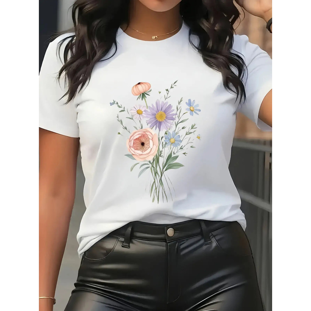 Kaos Wanita Cetak Bunga Putih - Buket Bunga Pastel Pink & Biru, Atasan Lengan Pendek Leher Bulat Rin