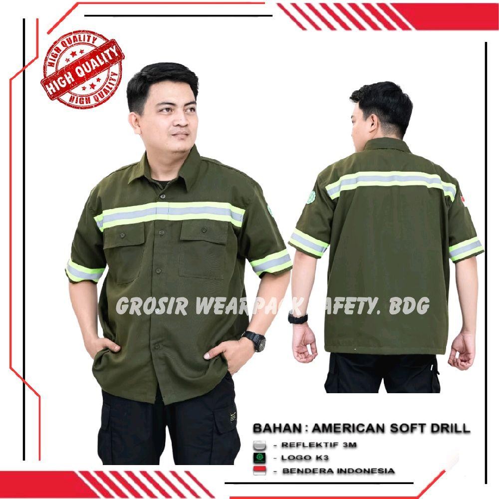 Kemeja Wearpack Safety Warna Hijau Army Seragam Kerja Baju Atasan Lengan Pendek Lis Strip Hijau | Se
