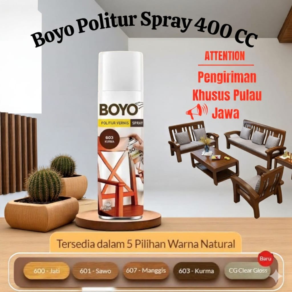 BOYO Politur Spray 400cc Plitur Semprot Pilox Kayu Jati Manggis Sawo Kurma Avian Brand, Politur Spra