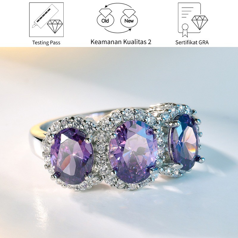 SikRoad Cincin Wanita Berlian Oval Moissanite Ungu Fashion