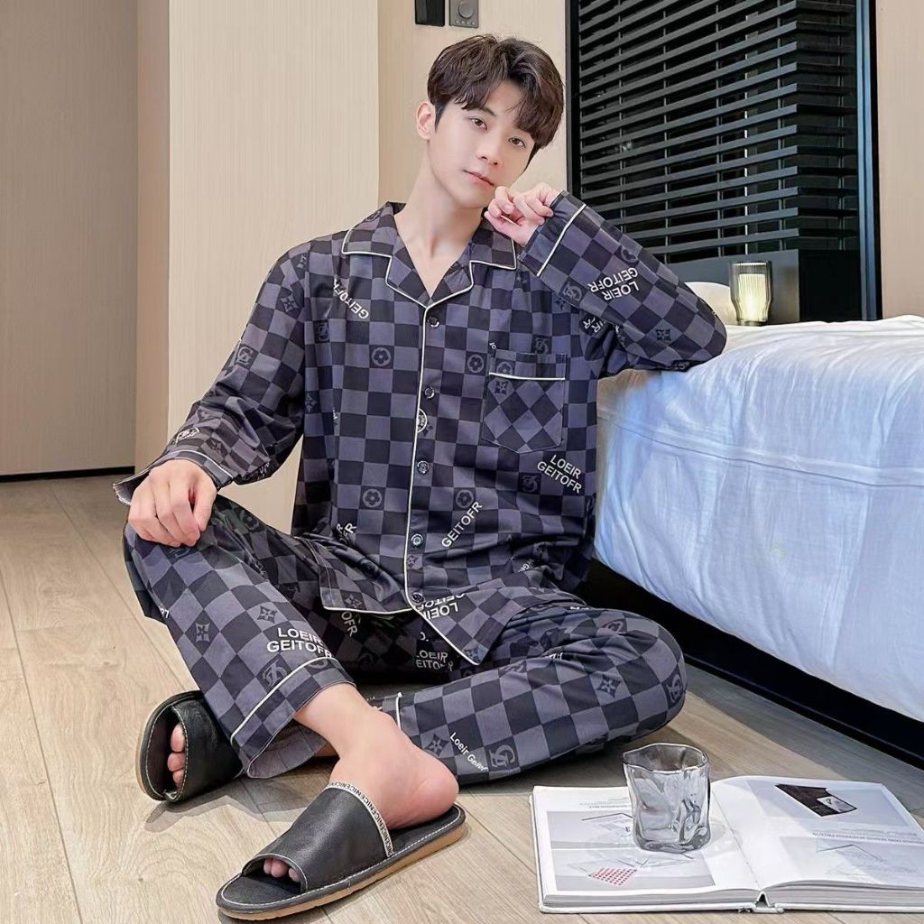 PIYAMA COWOK KAOS KATUN MOTIF KANCING IMPORT BAJU TIDUR PRIA SETELAN CELANA PANJANG MOTIF KANCING JU