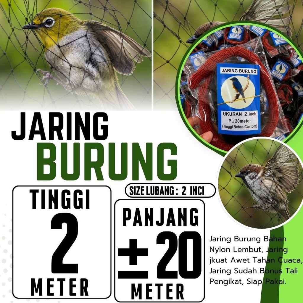 Jaring Burung Warna Hitam Bonus Tali Lebar 2 Meter x ±20 Meter Lubang Kecil 1 Jari 2" Benang Senar 0