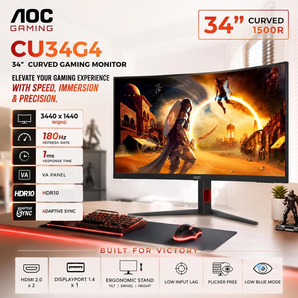 Monitor Gaming AOC CU34G4 34 Inch Curved 1500R WQHD 3440x1440 VA 180Hz 1ms HDR10 Adaptive Sync HDMI 