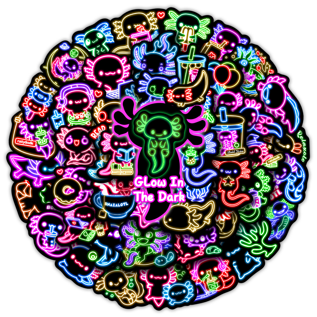 

50Pcs Neon Cute Axolotl Glow in the Dark Stickers Waterproof Vinyl Decals Water Bottle Guitar Phone Decoration for Kids DIY Gift