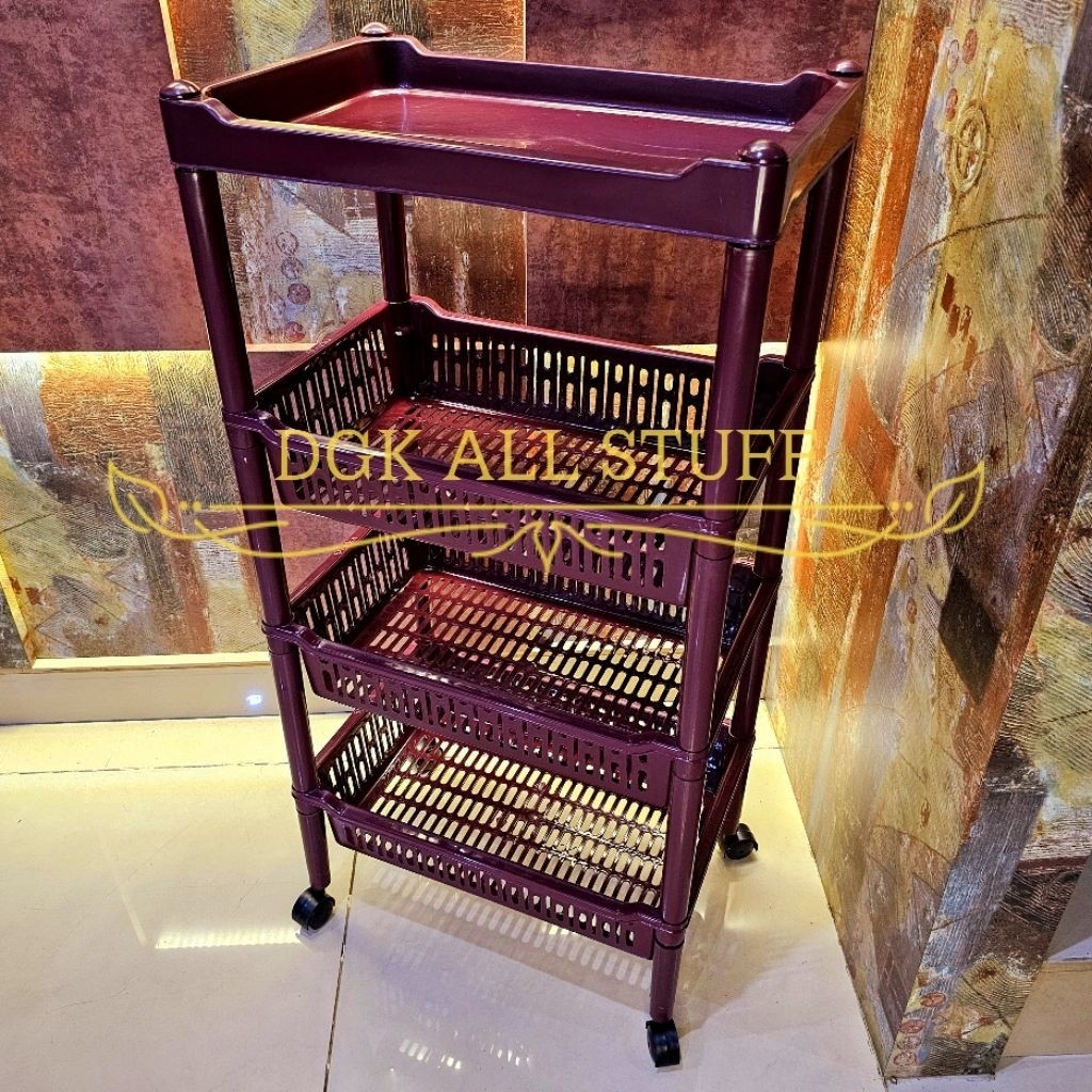 Rak Salon Segi 4 Susun serbaguna serba guna nampan 4 tingkat empat tingkat Maron Roda Beroda Plastik