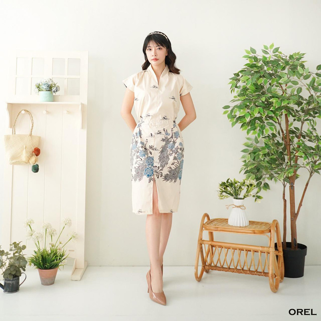 GIRLY Orel Dress Batik Span Wanita Dress Batik Wanita Jumbo Batik Couple Sarimbit Cream Nude