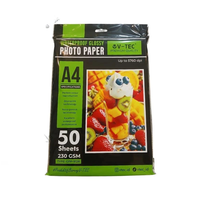

V-TEC GLOSSY PHOTO PAPER A4 230GSM (GPP - 9128) ISI 50LBR