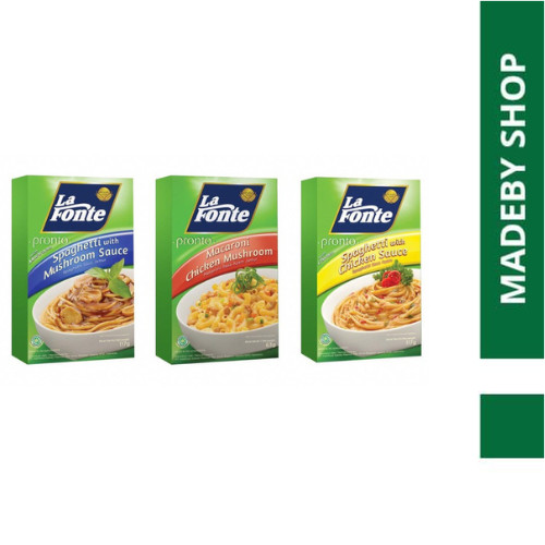 

LA FONTE PRONTO SPAGHETI SAUS BOLOGNESE/MASHROOM/CHICKEN SPAGHETTI BOLOGNES/AYAM/JAMUR 117gr