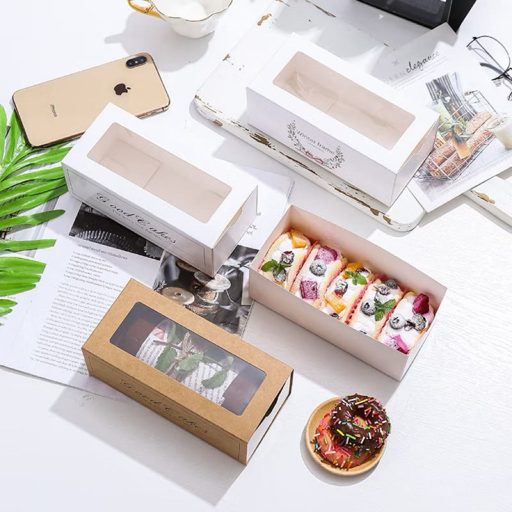 10pcs Kotak Box Donut Panjang Kue | Mika Roll Cake Roti Donut | Mika dus panjang kue | Box Bolu Gulu