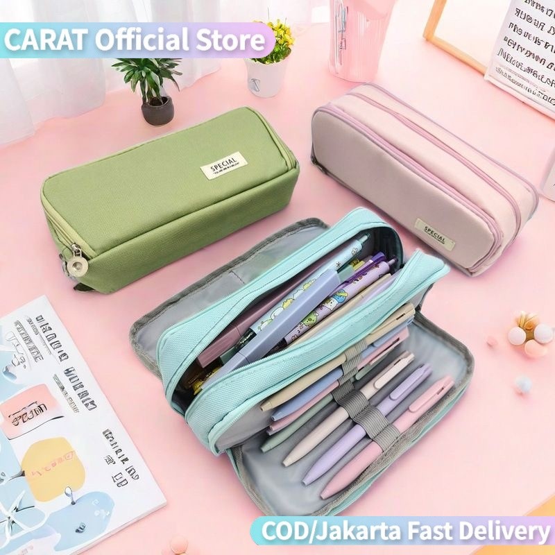 

CARAT Kawaii Large Capacity Pencil Case 3 Compartment Pouch Pen Bag Double Side Opening / Kotak Pensil Kanvas Kapasitas Super Besar Sederhana