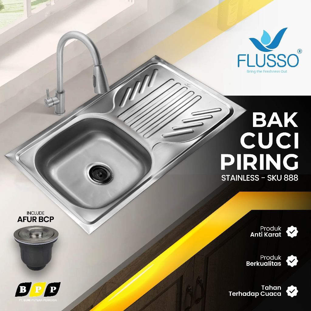 Set Kitchen Sink Stainless Bak Cuci Piring 1 Lubang Ukuran 75 x 40 FLUSSO Sink Bak Cuci Piring 888