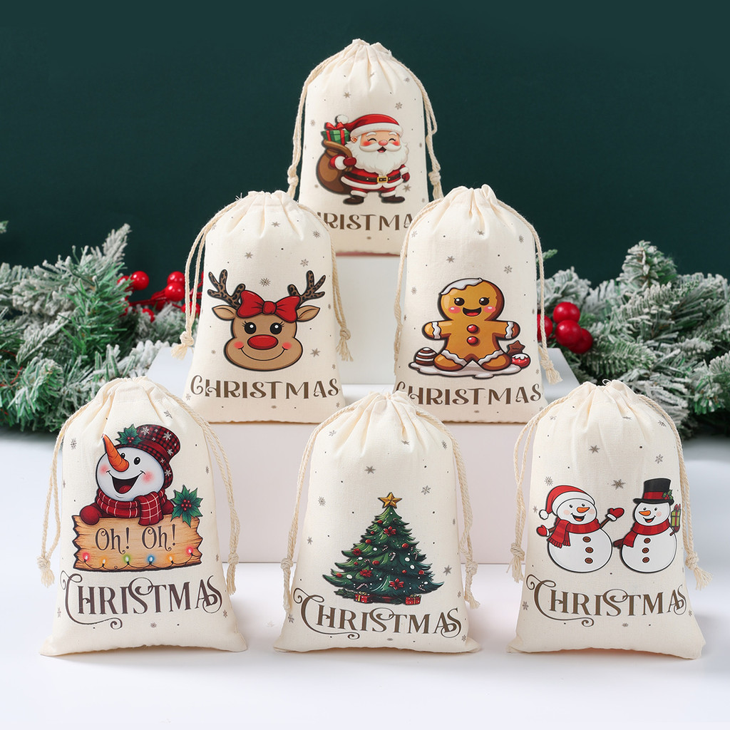 

6pcs Gift Bags Santa Gingerbread Man Cotton Burlap Bags for Candy Bag Jewelry Bag Merry Gift Drawstring Bags