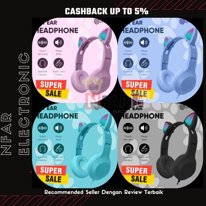 Headset Anak Perempuan Kabel Model Kucing Lucu Headphone Anak With Mic