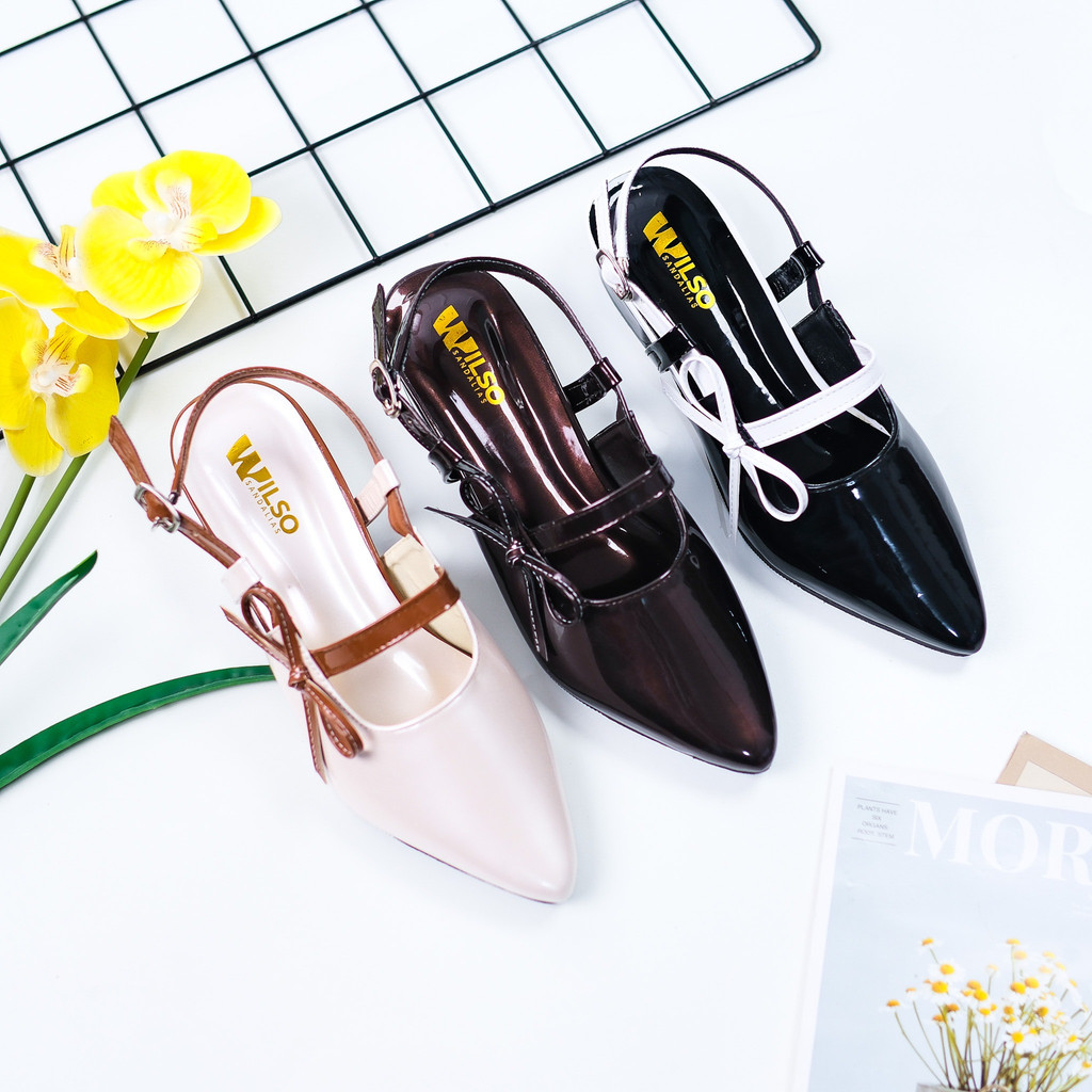 WILSO Sepatu Wanita Heels Mules Hak 3cm Tali  Pita Elegan Kekinian