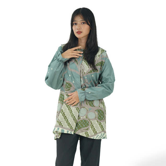 BATIK TRUSMI Atasan Wanita Blouse Batik Kerja Laveya Hijau BUL