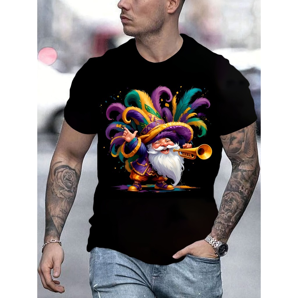 [Comfort Fit] Men's Mardi Gras 3D Printed T-Shirt – Vibrant Carnival Gnome Design, Festive Summer St