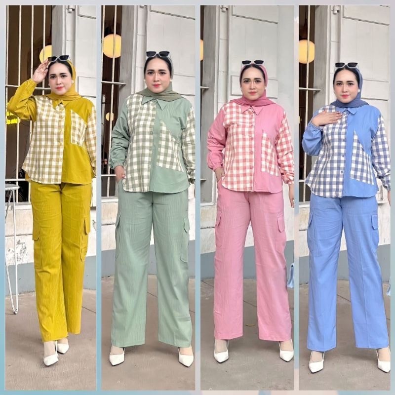 SAXCSHOP Oneset Cargo Wanita Kemeja Kotak Linen Premium Setcel Kekinian busui Trendi